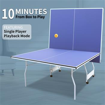 9ft Mid-Size Table Tennis Table Foldable & Portable Ping Pong Table Set for Indoor & Outdoor Games with Net, 2 Table Tennis Paddles and 3 Balls