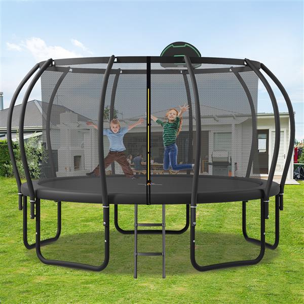 12FT Trampoline for Kids with Upgraded ArcPole and Composite TopLoop for Safety Enclosure, Plus Basketball Board and 10 Ground Stakes, Outdoor Recreational Playset Balance Physical Training Trampoline