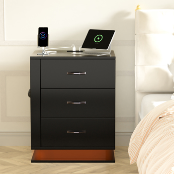 RGB LED With with Charging Station and USB Ports 3 Drawer Side Cabinet Bedside Table Nightstand Right Side Black