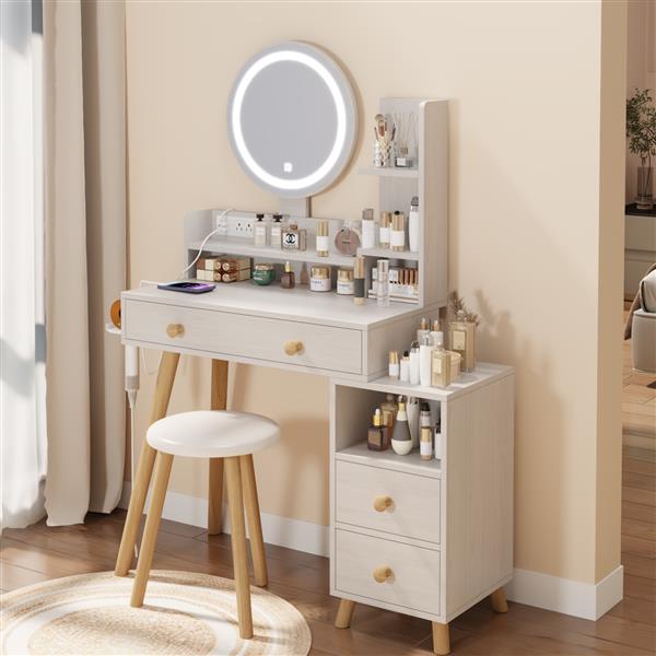 Round Mirror Bedside Cabinet Vanity Table + Cushioned Stool, With 2 AC Power + 2 USB socket, 17" diameter LED Mirror, Touch Control, 3-color, Brightness adjustable, Large desktop, Multi-layer Storage