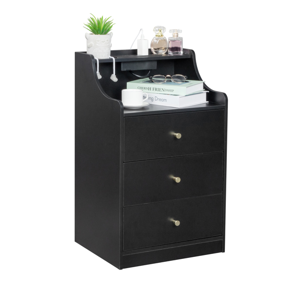 FCH black particleboard with triamine matt gold tapered handle 45*35*73cm three drawers with compartments bedside table 1 wireless + 2 USB ports + 2 US standard three-plug ports