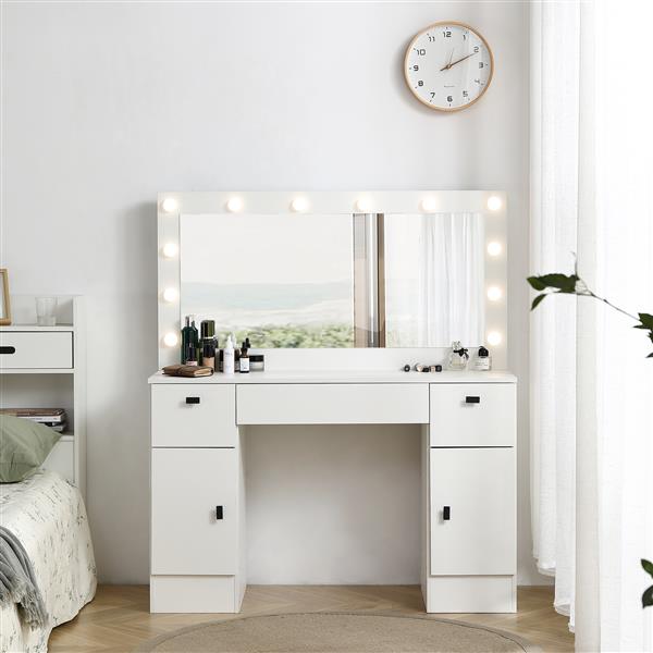 Vanity table with lighted mirror, vanity desk with 3 drawers and storage cabinet,3 color lighting modes adjustable brightness, white color