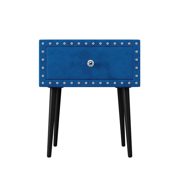 Modern Nightstands Set of 2 with Drawer and Crystal Handle, Elegant Rivet Velvet Design Bedside Table for Bedroom, Blue