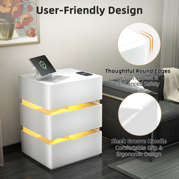 RGB LED With with Charging Station and USB Ports 3 Drawer Side Cabinet Bedside Table Nightstand White