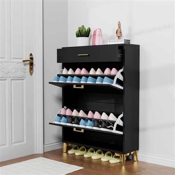 Shoe Storage Cabinet for Entryway, Free Standing Shoe Organizer with 2 Flip Drawers, Hidden Shoe Rack Storage Organizer for Doorway Hallway Closet, Black