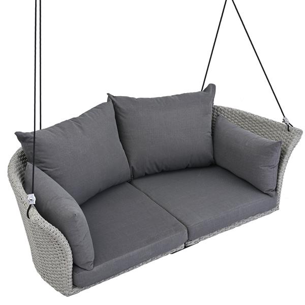 51.9" 2-Person Hanging Seat, Rattan Woven Swing Chair, Porch Swing With Ropes,  Gray Wicker And Cushion