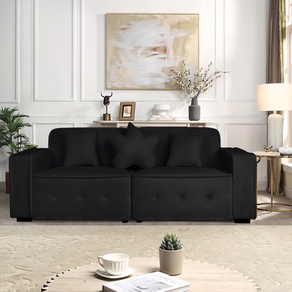 Black, Velvet cloth Modern Indoor Sofa With Three Pillows, 93.50"*35.23"*30.70"