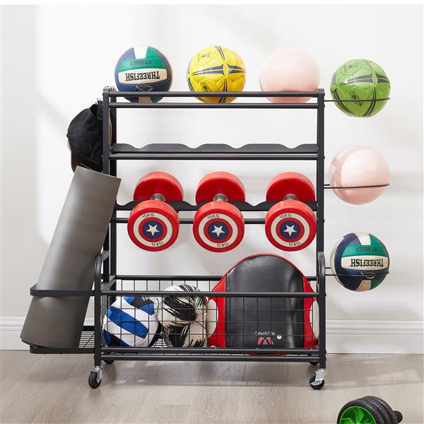 4-Tier Metal Storage Organizer with Rolling Wheels for Basketball Sports Equipment Organizer for Yoga Mat Larger Ball Storage Rack with Baskets and Hooks, Indoor or Outdoor for Tennis Racket,Football