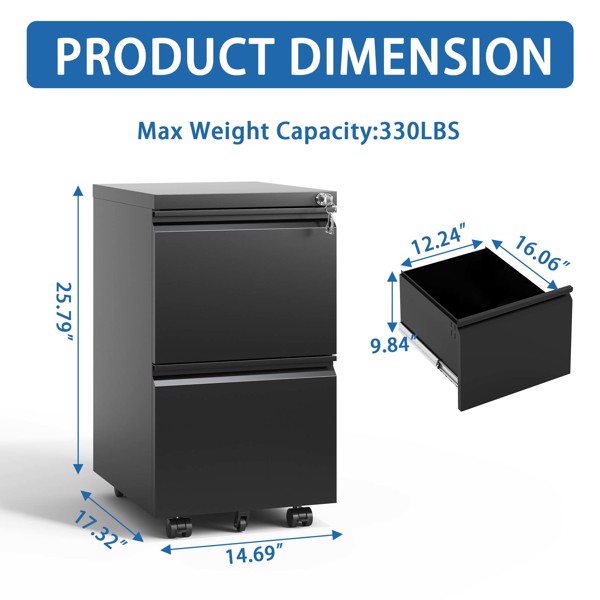 2 Drawer Metal Mobile File Cabinet, Rolling File Cabinet with Lock for Hanging Legal/Letter/A4 Size,Fully Assembled Except Wheels