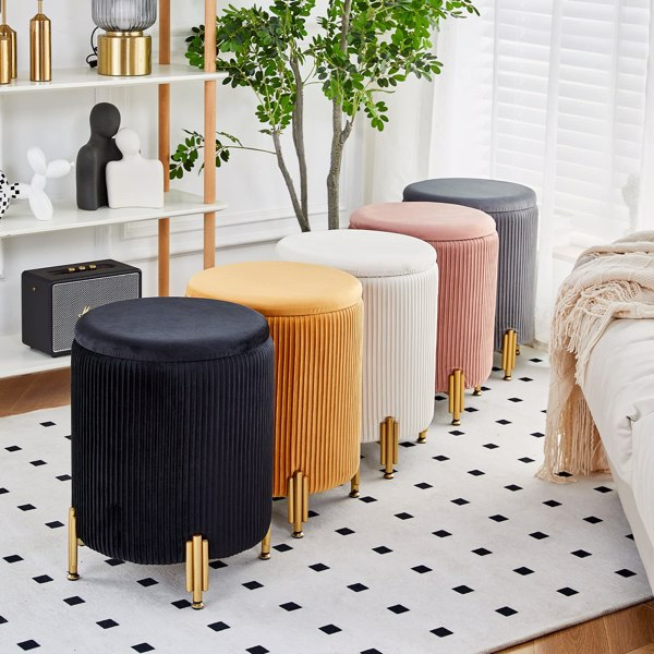 Round Ottoman Foot Stool with 23Qt Storage Velvet Footrest Stool Vanity Stool Chair Support 300lbs Modern Ottoman Coffee Table Padded Seat for Living Room Bedroom Cream