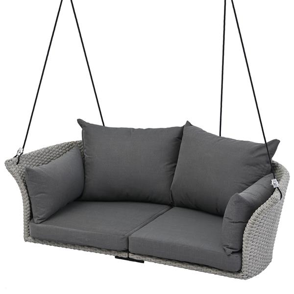 51.9" 2-Person Hanging Seat, Rattan Woven Swing Chair, Porch Swing With Ropes,  Gray Wicker And Cushion