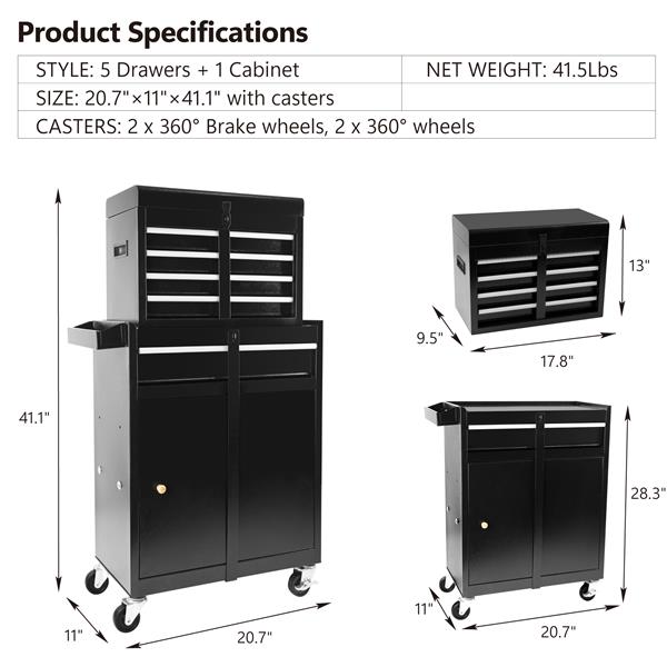 Rolling Garage Workshop Organizer Detachable 5 Drawer Tool Chest with Large Storage Cabinet and Adjustable Shelf, Black