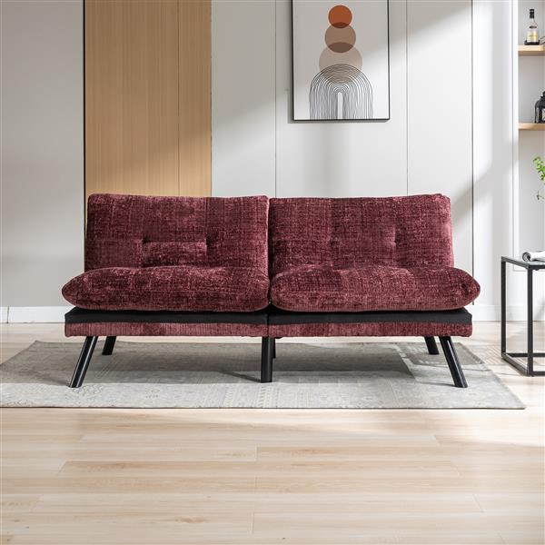 Convertible Sofa Bed  Loveseat Futon Bed Breathable Adjustable Lounge Couch with Metal Legs,Futon Sets for Compact Living Space  Chenille- Wine Red