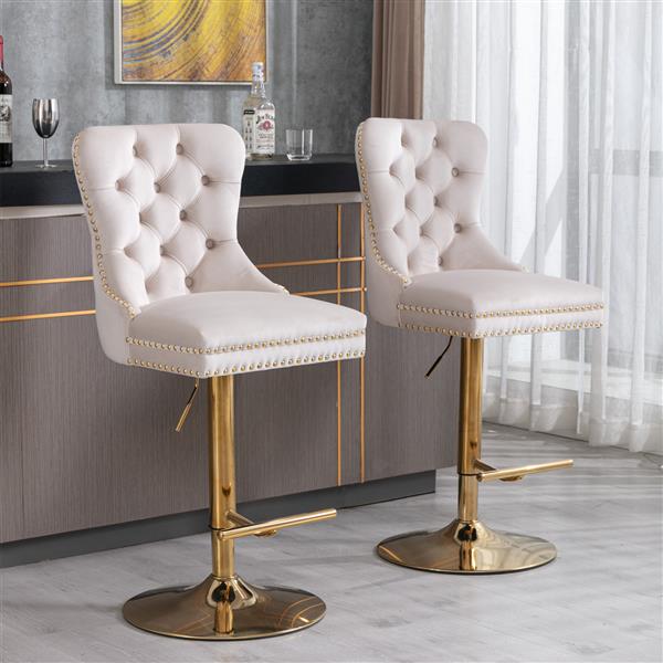 Furniture,Thick Golden Swivel Velvet Barstools Adjusatble Seat Height from 27-35 Inch, Modern Upholstered Bar Stools with Backs Comfortable Tufted for Home Pub and Kitchen Island (Beige,Set of 2)