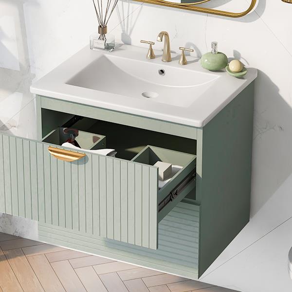 Modern 24-Inch Wall-Mounted Bathroom vanity with 2 Drawers, Green - Ideal for Small Bathrooms