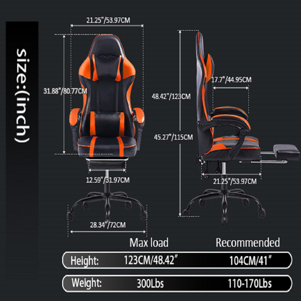 Video Game Chairs for Adults, PU Leather Gaming Chair with Footrest, 360°Swivel Adjustable Lumbar Pillow Gamer Chair, Comfortable Computer Chair for Heavy People, Orange