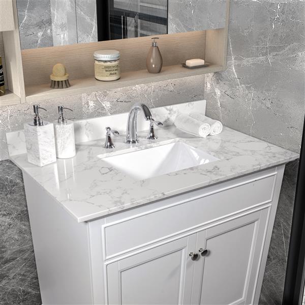 31inch bathroom vanity top stone carrara white new style tops with rectangle undermount ceramic sink  and back splash with 3 faucet hole  for bathrom cabinet