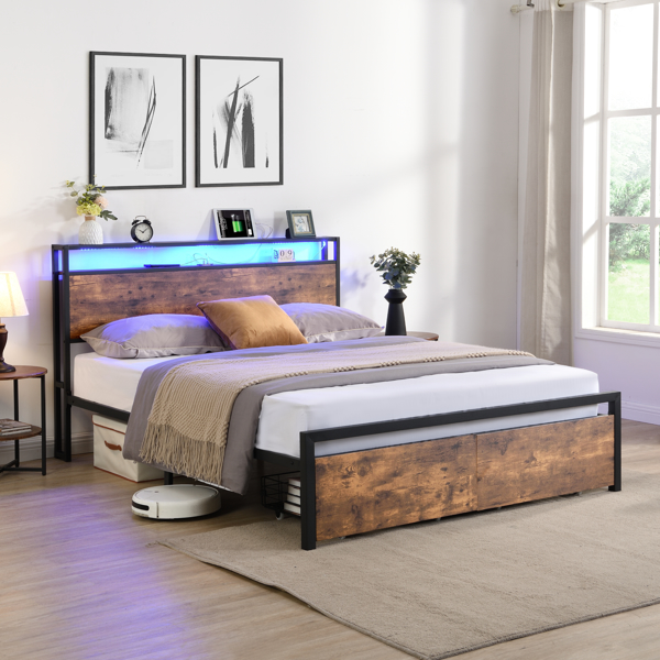 Full Size Bed Frame with Storage Headboard and 2 Drawers, LED Lights Bed with Charging Station, Metal Platform Bed No Noise, Mattress Foundation Strong Metal Slats Support No Box Spring Needed