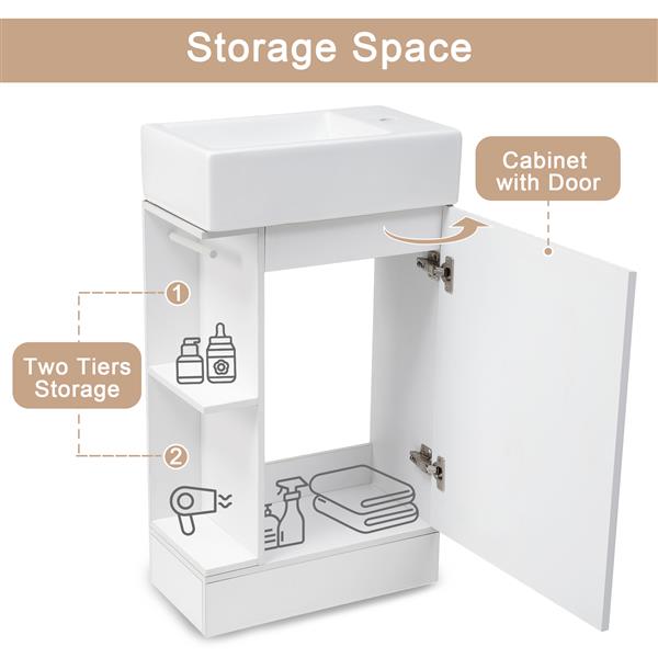 18.6" Bathroom Vanity with Sink, Bathroom Vanity Cabinet with Two-tier Shelf, Left or Right Orientation, White