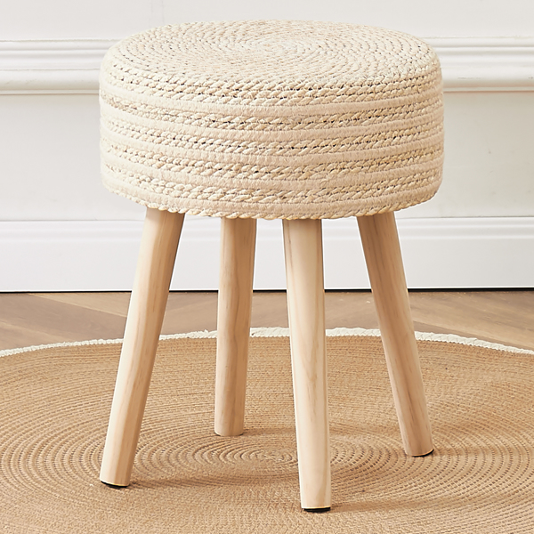 Amazon Shipping Round Ottoman Footstool Natural Seagrass Foot Stool Pouf Ottomans with Solid Wood Legs Hand Weave Hyacinth Footrest Step Stool for Living Room Balcony Garden