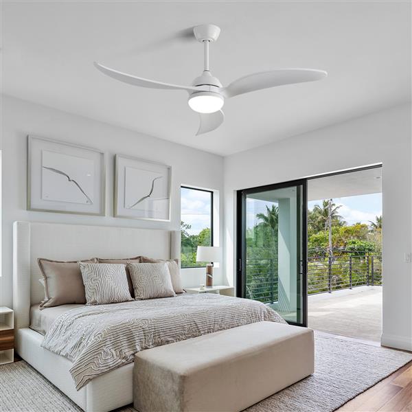 52 Inch Ceiling Fan With Dimmable Led Light 3 Solid Wood Blades Remote Control Reversible DC Motor White For Living Room