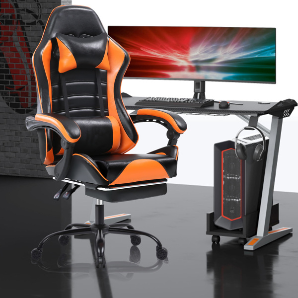 Computer Gaming Chairs with Footrest, Ergonomic Gaming Computer Chair for Adults, PU Leather Office Chair Adjustable Desk Chairs with Wheels, 360°Swivel Big and Tall Gamer Chair, Orange