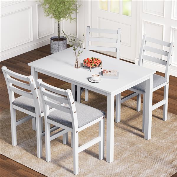 5PCS Stylish Dining Table Set 4 Upholstered Chairs with Ladder Back Design for Dining Room Kitchen Gray Cushion White