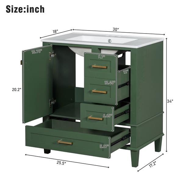 30" Bathroom Vanity in Green, Modern Bathroom Cabinet with Sink Combo Set, Bathroom Storage Cabinet with a Soft Closing Door and 3 Drawers, Solid Wood Frame