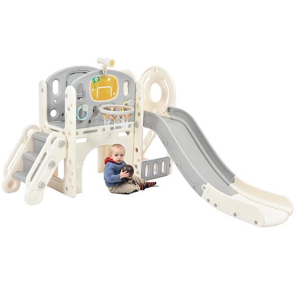 Kids Slide Playset Structure,  Castle Climbing Crawling Playhouse with Slide, Arch Tunnel, Ring Toss, and Basketball Hoop, Toy Storage Organizer for Toddlers, Kids Climbers Playground