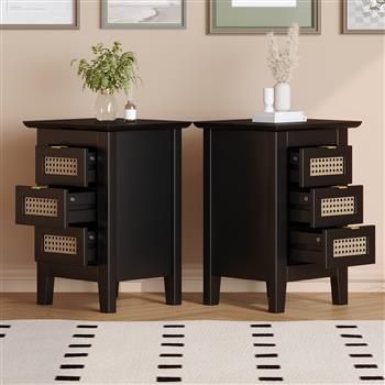 Wooden Nightstands Set of 2 with Rattan-Woven Surfaces and Three Drawers, Exquisite Elegance with Natural Storage Solutions for Bedroom, Black