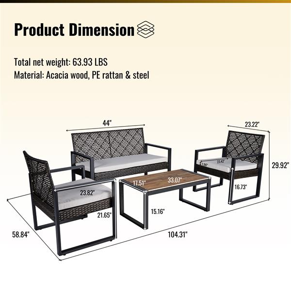 4-Piece Patio Furniture Set Outdoor Balcony Porch Garden Backyard Lawn Furniture Acacia Wood Table Top, Morden Brown and Beige Cushion