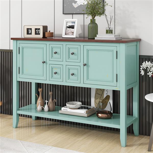 Series  Ample Storage Vintage Console Table with Four Small Drawers and Bottom Shelf for Living Rooms, Entrances and Kitchens (Retro Blue