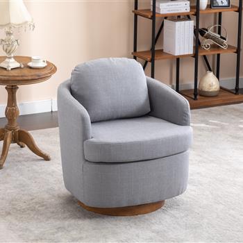 035-Linen Fabric Swivel Accent Chair With Soild Wood Round Brown Base Leg,Light Blue