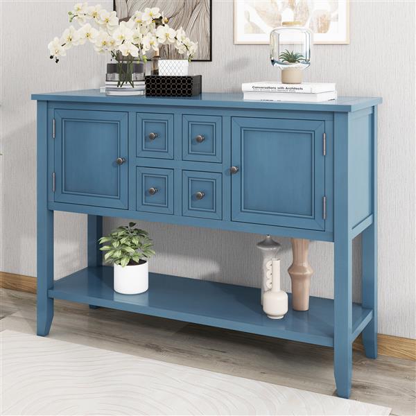 Series  Ample Storage Vintage Console Table with Four Small Drawers and Bottom Shelf for Living Rooms, Entrances and Kitchens (Light Navy