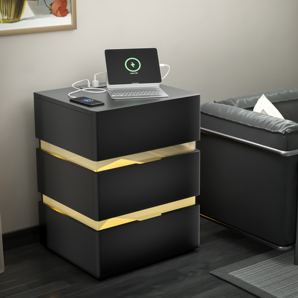 RGB LED With with Charging Station and USB Ports 3 Drawer Side Cabinet Bedside Table Nightstand BLACK