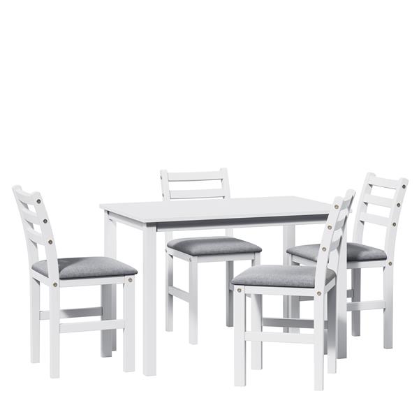 5PCS Stylish Dining Table Set 4 Upholstered Chairs with Ladder Back Design for Dining Room Kitchen Gray Cushion White