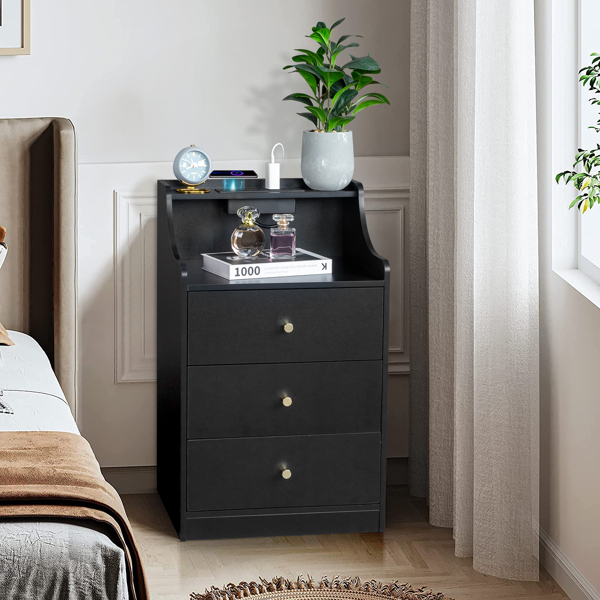 FCH black particleboard with triamine matt gold tapered handle 45*35*73cm three drawers with compartments bedside table 1 wireless + 2 USB ports + 2 US standard three-plug ports