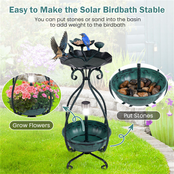 Dark green Solar Bird Bath Feeder Combo with Flower Planter Pedestal and Solar Lights