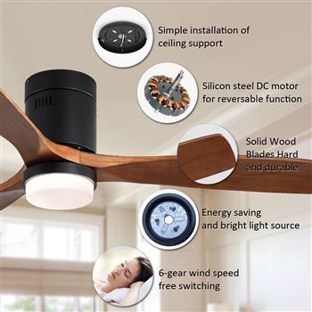 52 Inch Wooden Ceiling Fan, With 18W Led Light 3 Solid Wood Blades, Remote Control Reversible DC Motor with ETL Ceiling Fan For Home