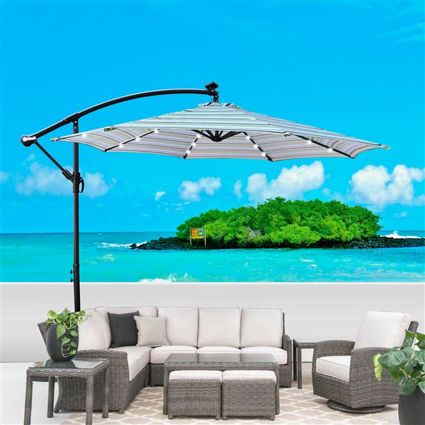 10 ft Outdoor Patio Umbrella Solar Powered LED Lighted Sun Shade Market Waterproof 8 Ribs Umbrella with Crank and Cross Base for Garden Deck Backyard Pool Shade Outside Deck Swimming Pool