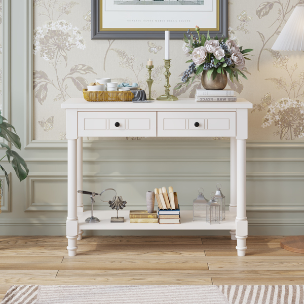 2-Tier Console Table with 2 Drawers， Console Tables for Entryway, Sofa Table with Storage Shelves, Entryway Table Behind Sofa Couch, for Living Room, Kitchen, Cream White