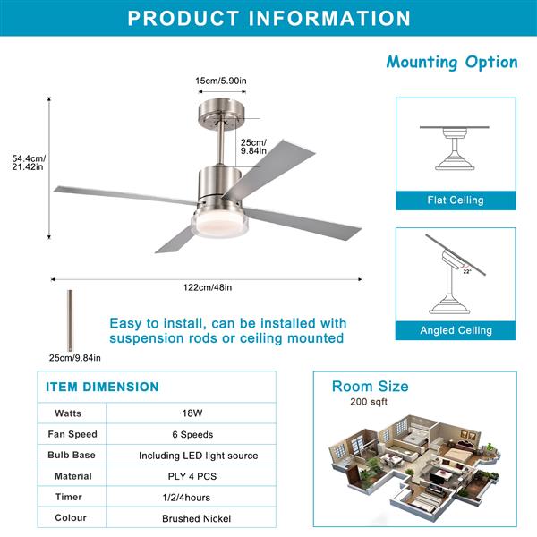 48'' Ceiling Fans with Lights and Remote,  Low Profile Ceiling Fan( Flush Mount & Hang) 2 installation methods, 3000K-6500K Dimmable  LED Fan Light, White Modern Ceiling Fans with Lights for