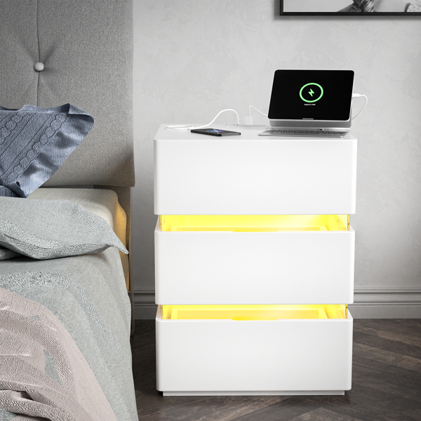 RGB LED With with Charging Station and USB Ports 3 Drawer Side Cabinet Bedside Table Nightstand White