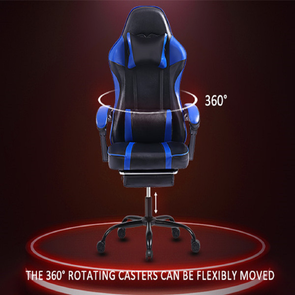 Video Game Chairs for Adults, PU Leather Gaming Chair with Footrest, 360°Swivel Adjustable Lumbar Pillow Gamer Chair, Comfortable Computer Chair for Heavy People, Blue