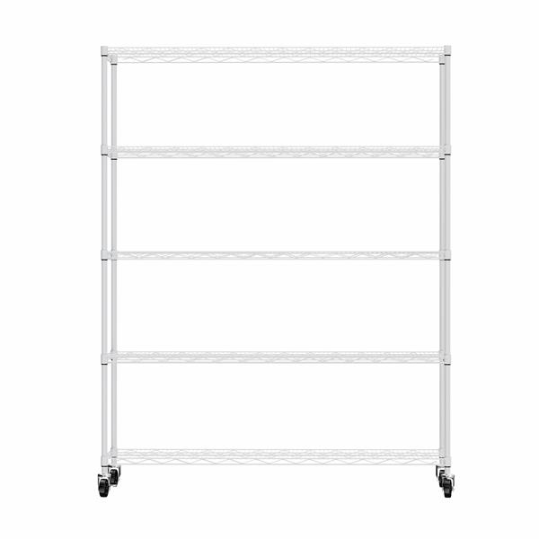 Warehouse, supermarket, kitchen, and other 5-layer heavy-duty adjustable shelves with wheels and adjustable feet, each metal frame bearing 300 pounds. 59.45 "L × 24.02 "W × 71.65 "H,White