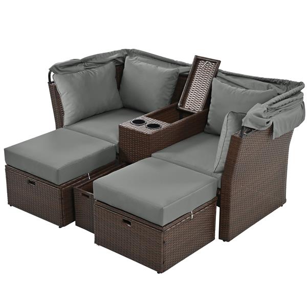 2-Seater Outdoor Patio Daybed Outdoor Double Daybed Outdoor Loveseat Sofa Set with Foldable Awning and Cushions for Garden, Balcony, Poolside, Grey