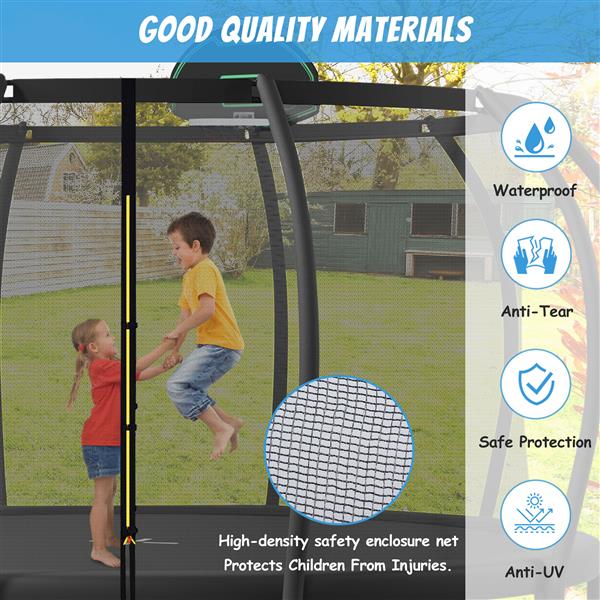 12FT Trampoline for Kids with Upgraded ArcPole and Composite TopLoop for Safety Enclosure, Plus Basketball Board and 10 Ground Stakes, Outdoor Recreational Playset Balance Physical Training Trampoline