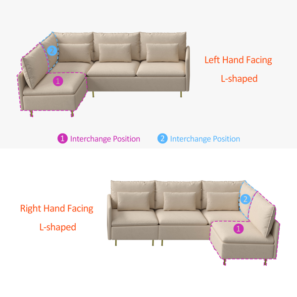 90.9"Modular L-shaped corner sofa, movable chaise facing left/right,  cotton-linen,livingroom,bedroom.