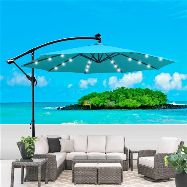 10 ft Outdoor Patio Umbrella Solar Powered LED Lighted Sun Shade Market Waterproof 8 Ribs Umbrella with Crank and Cross Base for Garden Deck Backyard Pool Shade Outside Deck Swimming Pool