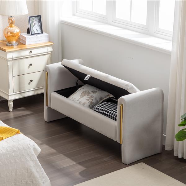 032-Velvet Fabric Storage Bench Bedroom Bench With Gold Metal Trim Strip For Living Room Bedroom Indoor,Light Gray